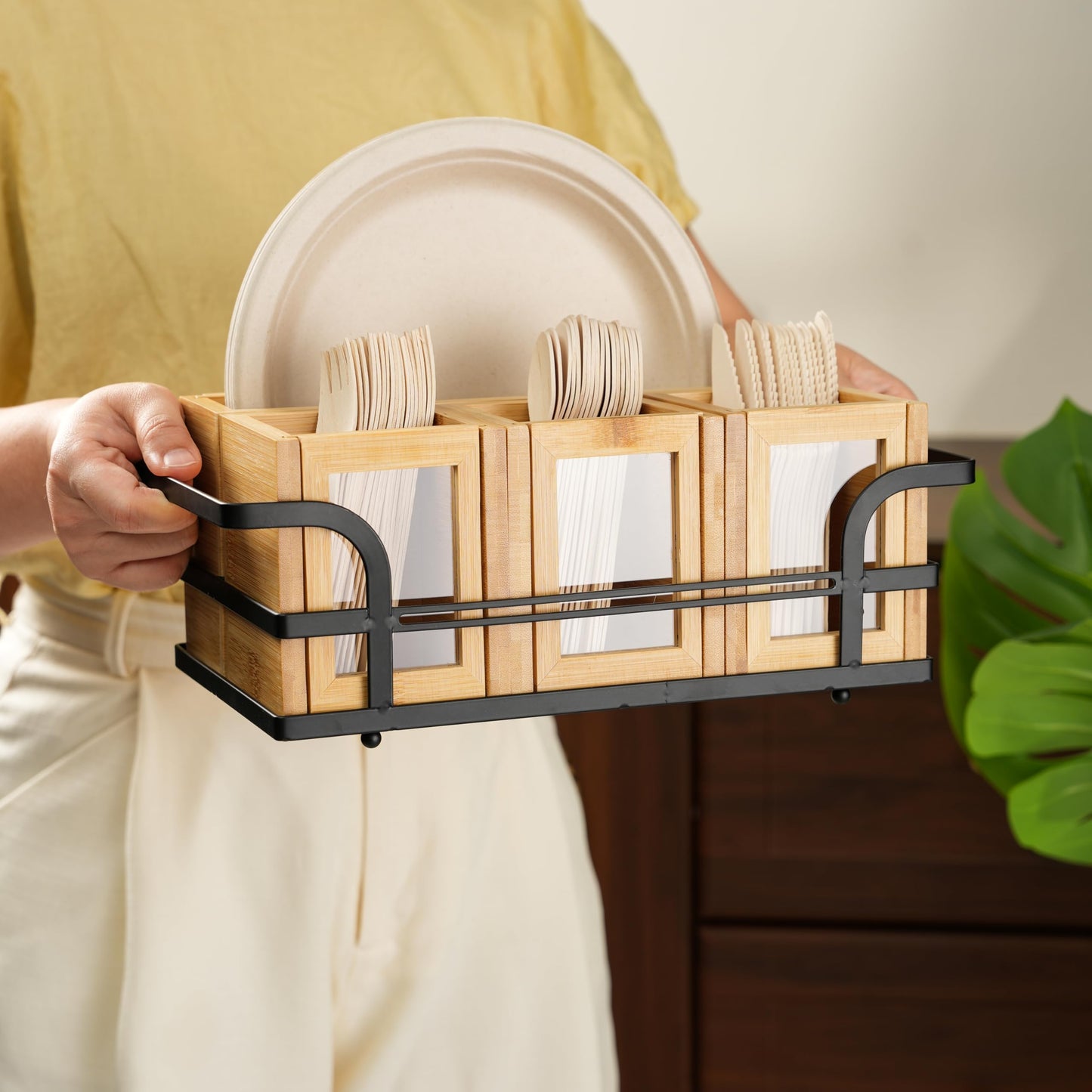 OTTENON Silverware Caddy Wood Utensil Holder Cutlery Flatware Paper Plate Dispenser Organizer for Spoons Forks Plates Napkins (Acrylic)