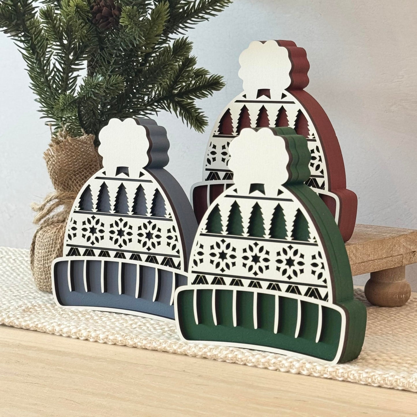 Winter Hat Shelf Sitter, Chunky Wooden Cozy Winter Decor for Tiered Tray Styling, Rustic Farmhouse Holiday Mantel Accent (Forest Green)