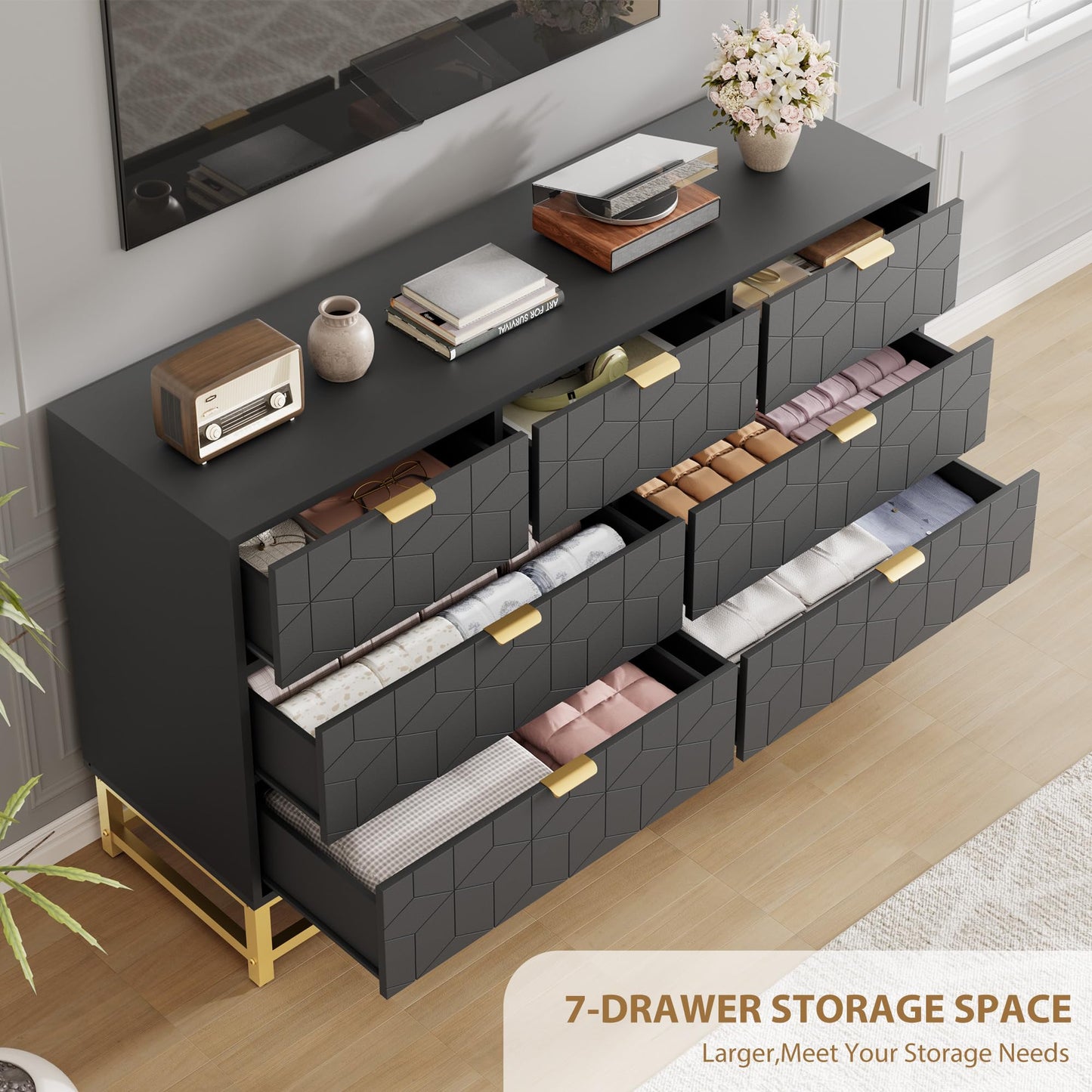 IDEALHOUSE Dresser for Bedroom, 53.5” Wide Dresser Organizer, 7 Drawer with Golden Metal Handle and Legs, Large Modern Chest of Drawers for Closet, Hallway, Living Room, Entryway, Black