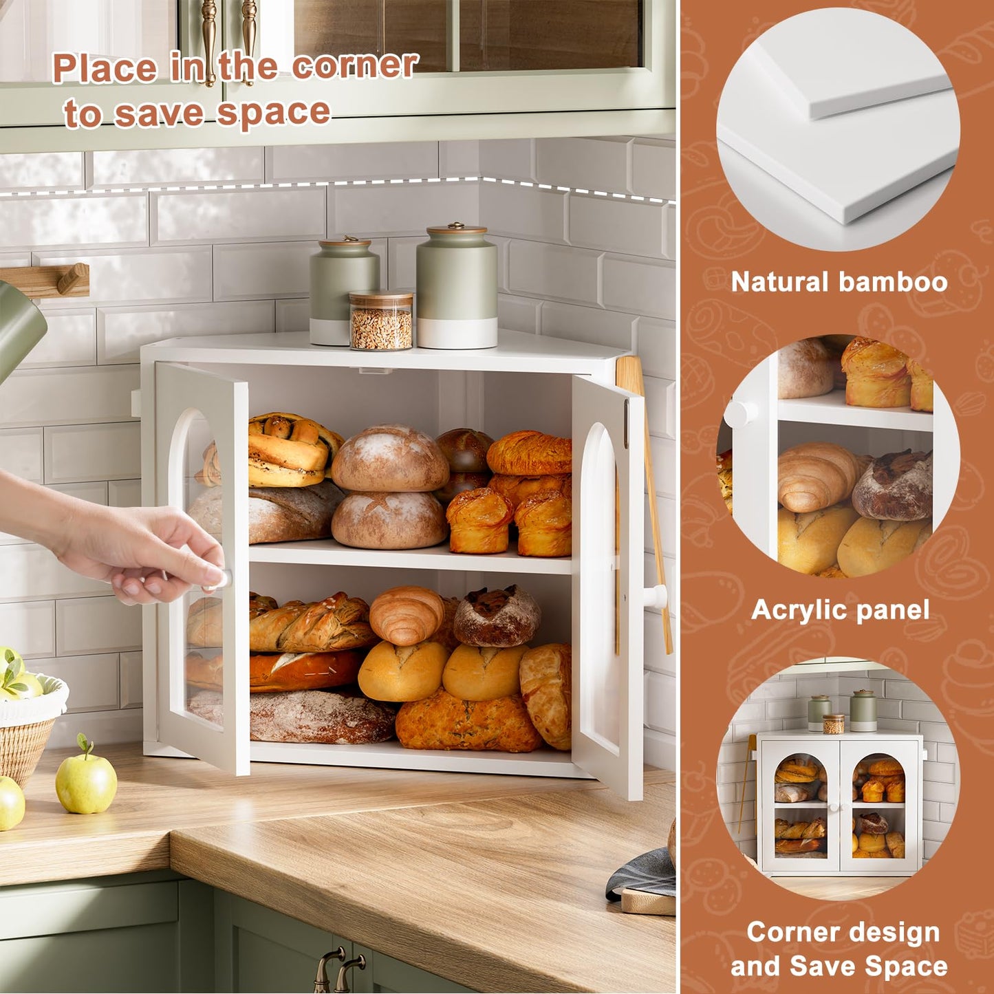 WOWLIVE Corner Bread Box for Kitchen Countertop, 2 Tier Bamboo Bread Storage Container for Homemade Bread with Clear Acrylic Door Panel, Large Bread Bin Farmhouse Breadbox Organizer (White, Medium)