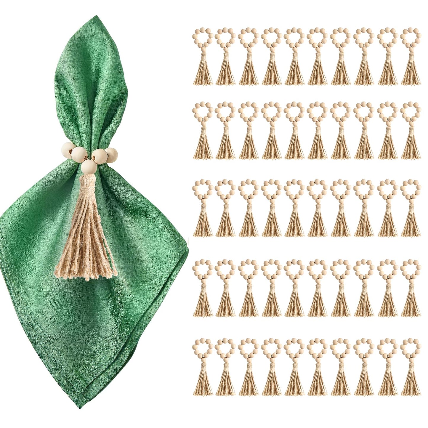50 Pack Farmhouse Rustic Napkin Rings with Tassel Wood Bead Rings for Table Decor Boho Wedding Party Dining Spring Banquet