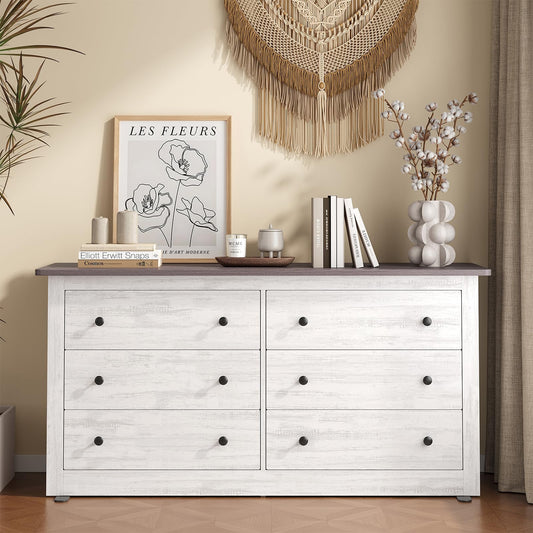 DUMOS Home Storage for Living Room, Wood Cabinet with 6 Drawers, 59" Wide TV Stand with Metal Handles, Storage Organizer for Bedroom, Entryway and Home Office, Wood