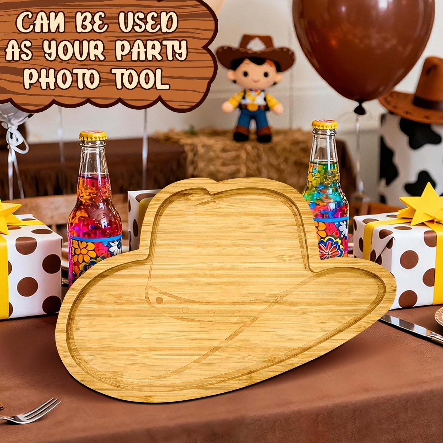 1Pcs Wooden Cowboy Baby Shower Party Decoration Hats Charcuterie Board First Rodeo Birthday Plates Cowgirl Serving Trays Reusable Fillable Food Platter for Western Gender Reveal Tabletop Supplies