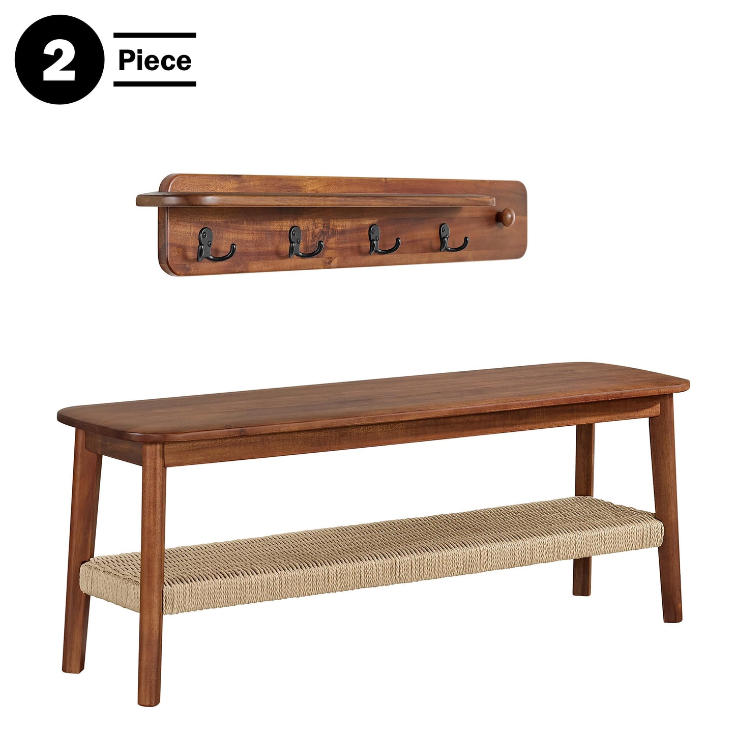 Alaterre Furniture Calais Collection Entryway Bench and Coat Rack - Solid Acacia Wood Mid-Century Modern Entryway Furniture (Chestnut)