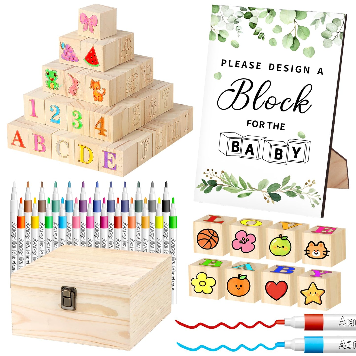 Nyxuso Baby Shower Games Blocks Set, 134 Pcs Wooden Blocks Kit for Baby Shower Party Gender Reveal Party Decorations(Green)