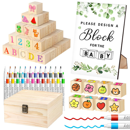 Nyxuso Baby Shower Games Blocks Set, 134 Pcs Wooden Blocks Kit for Baby Shower Party Gender Reveal Party Decorations(Green)