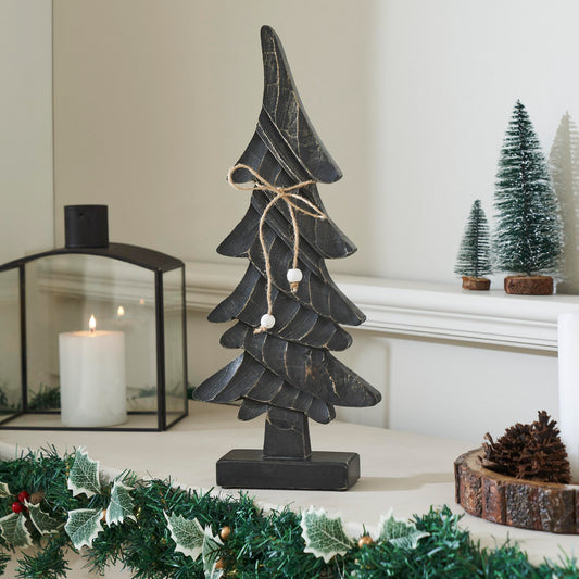 VHC Brands Primitive Pine Distressed Black Wooden Tree 17x7x2