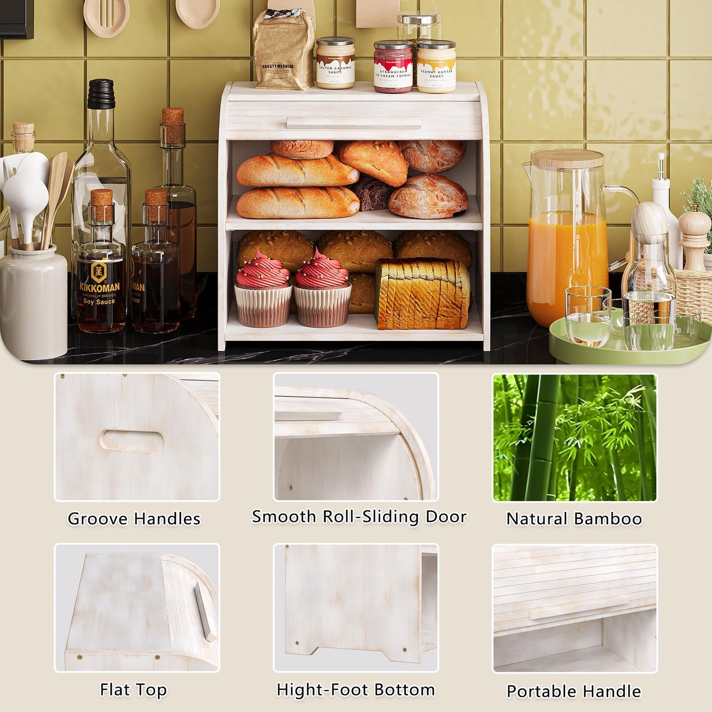 Trironsun Bamboo Roll Top Bread Box for Kitchen Countertop Large Capacity Bread Storage Bin 2 Layer Wooden Bread Storage Organizer Natural Breadbox for Food Storage (Antique White)