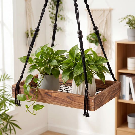 Novabright Hanging Window Plant Shelf, 16 Inch Wooden Macrame Style Shelf with Metal Grid Frame, Adjustable Cotton Rope Indoor Holder for Window, Wall or Ceiling, 50 lb Capacity