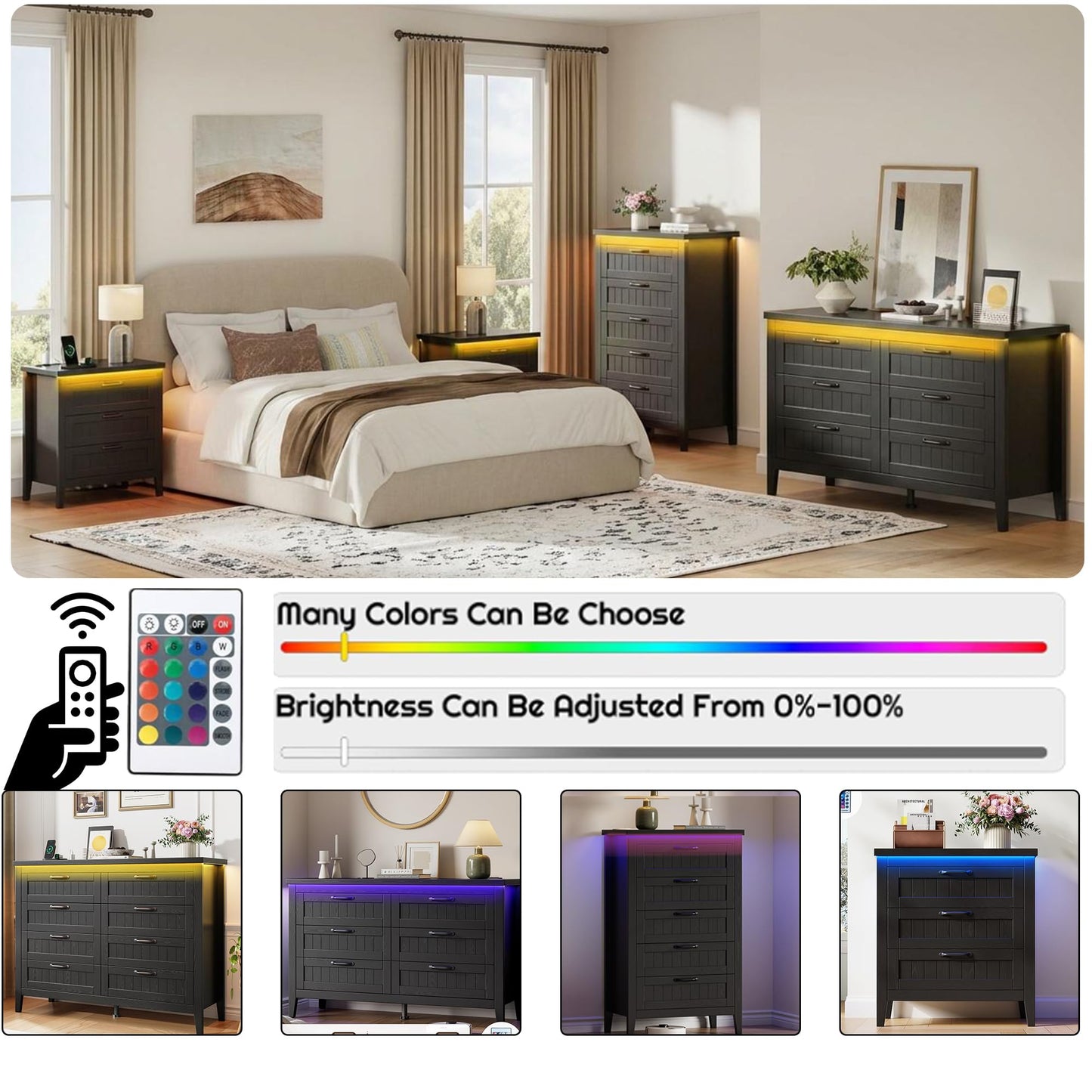 GarveeHome Farmhouse Tall 5 Drawer Dresser with Charging Station & LED Lights, Slim Wooden Bedroom Dresser, Rustic Chest of Drawers Clothes Storage Organizer for Closet Dorm Apartments, Black