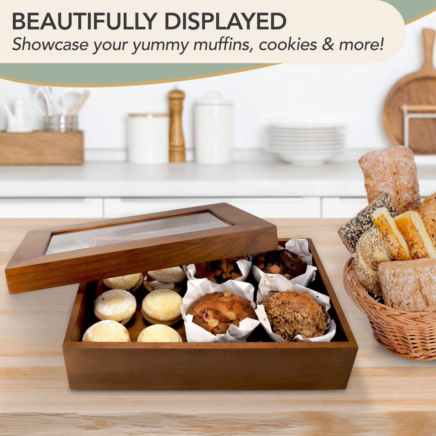 EcoLeafy Dot Wooden Bakery Box with Window - 12x8x2.5 Inches– Treat Boxes for Pastry, Desserts, Donuts, Muffins or Baked Goods- Comes with Reusable Canvas Bag-Ideal Baker Gifts for Women
