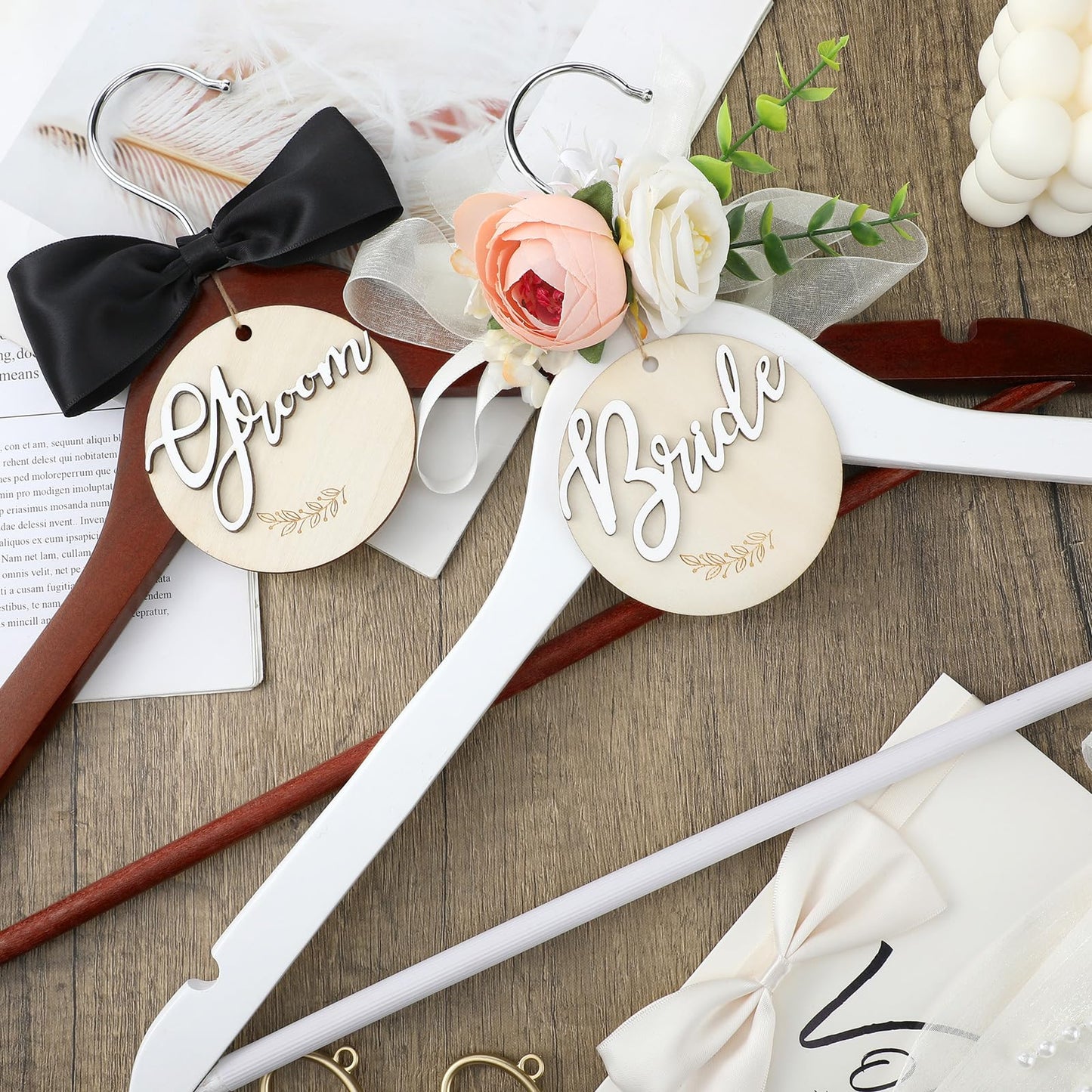 FillTouch 2 Pack Bride Hanger for Wedding Dress Elegant Bride Dress and Groom Tuxedo Suit Wooden Hanger with Bow Tie for Wedding Day Gift Supplies Bridal Party Shower(Pink)