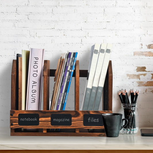 ExoLiry Rustic Torched Brown Wooden Desktop Document Organizer Office Chalkboard Labels File Folder Binder Sorter Storage Rack Multiple Compartments Table Organization Caddy Desk Shelf Paper Tray
