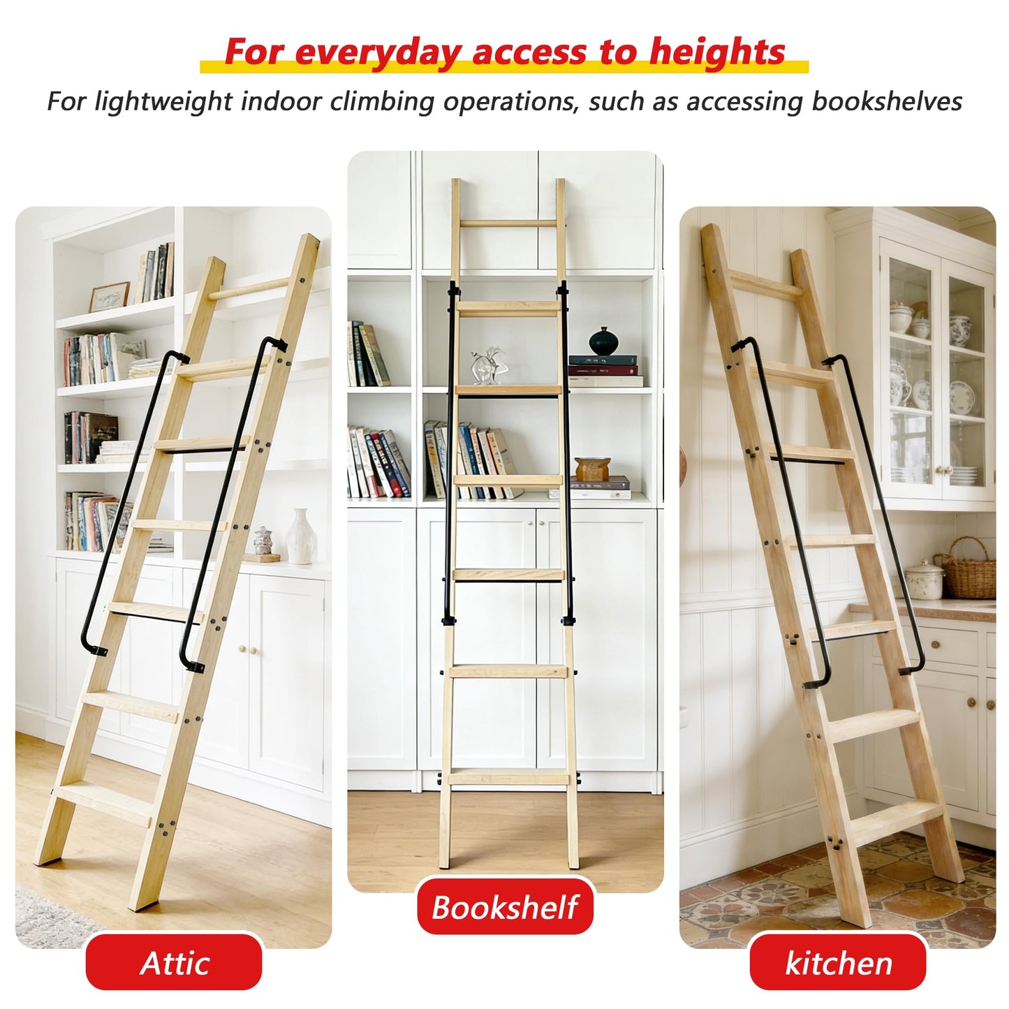 104RDHOUSE 87in Attic Rolling Library Ladder, 7 Step Wooden Ladder with,Ladder Bookshelf,Wall Stairs Red Oak Stair Platform Bunkbed Ladder,for Home Kitchen,Warehouses,Bookstore,DIY Stain
