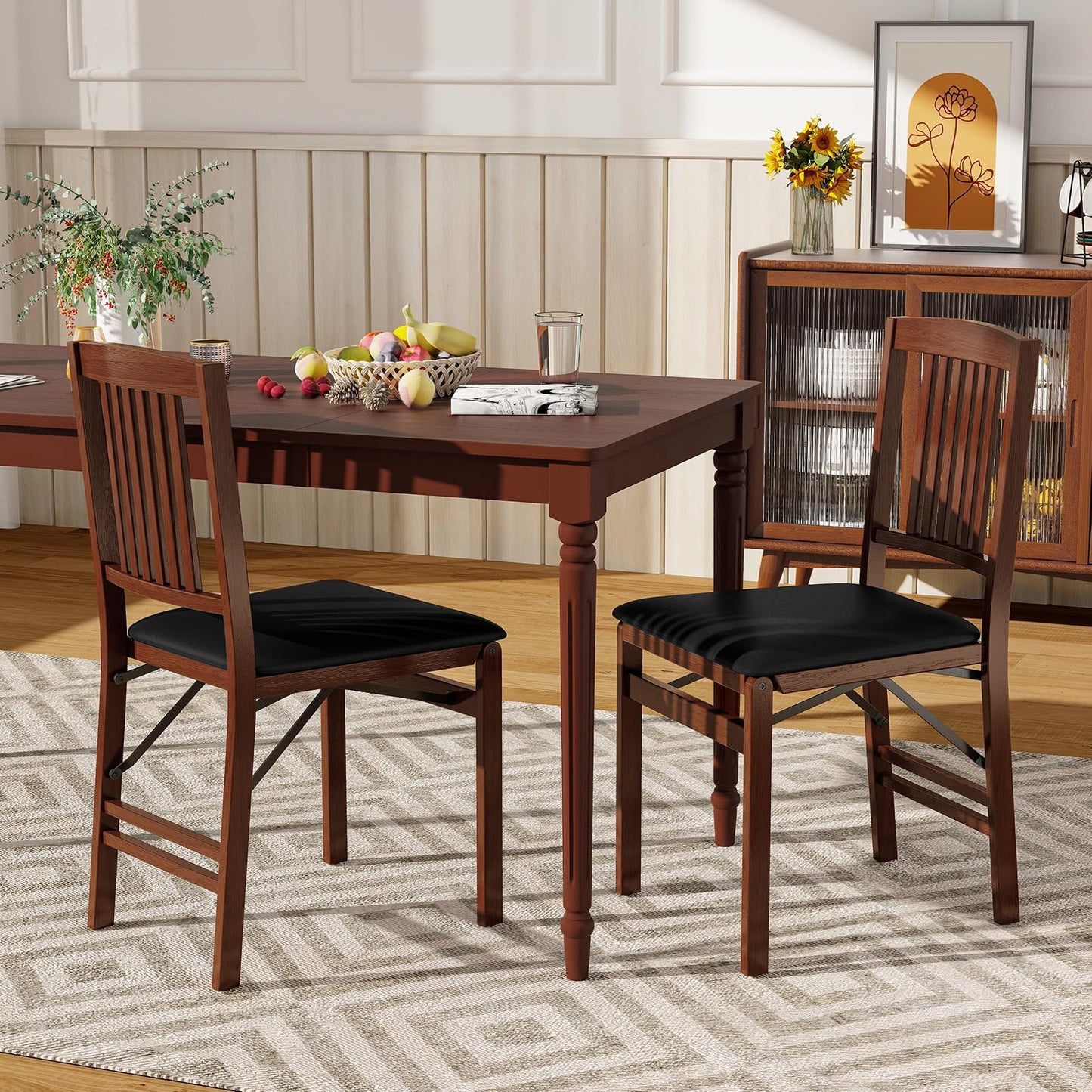 Giantex Folding Dining Chairs Set of 2, Foldable Wood Kitchen Chairs with Padded Seat, Max Load 420 Lbs, No Assembly, Wooden Dining Room Chair, Armless Side Chair for Home Apartment, Brown & Black