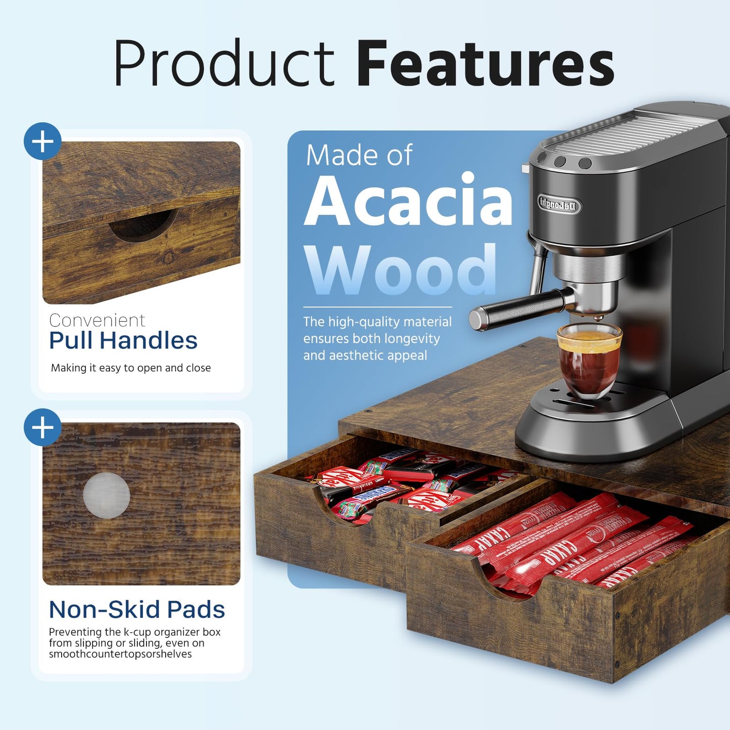Simple Trending Wooden Coffee Pod Holder Drawer, K Cup Drawer Organizer, Coffee Pod Storage Box Compatible with Nespresso Vertuo Capsules for Coffee Station, Office, 30 Pod Capacity