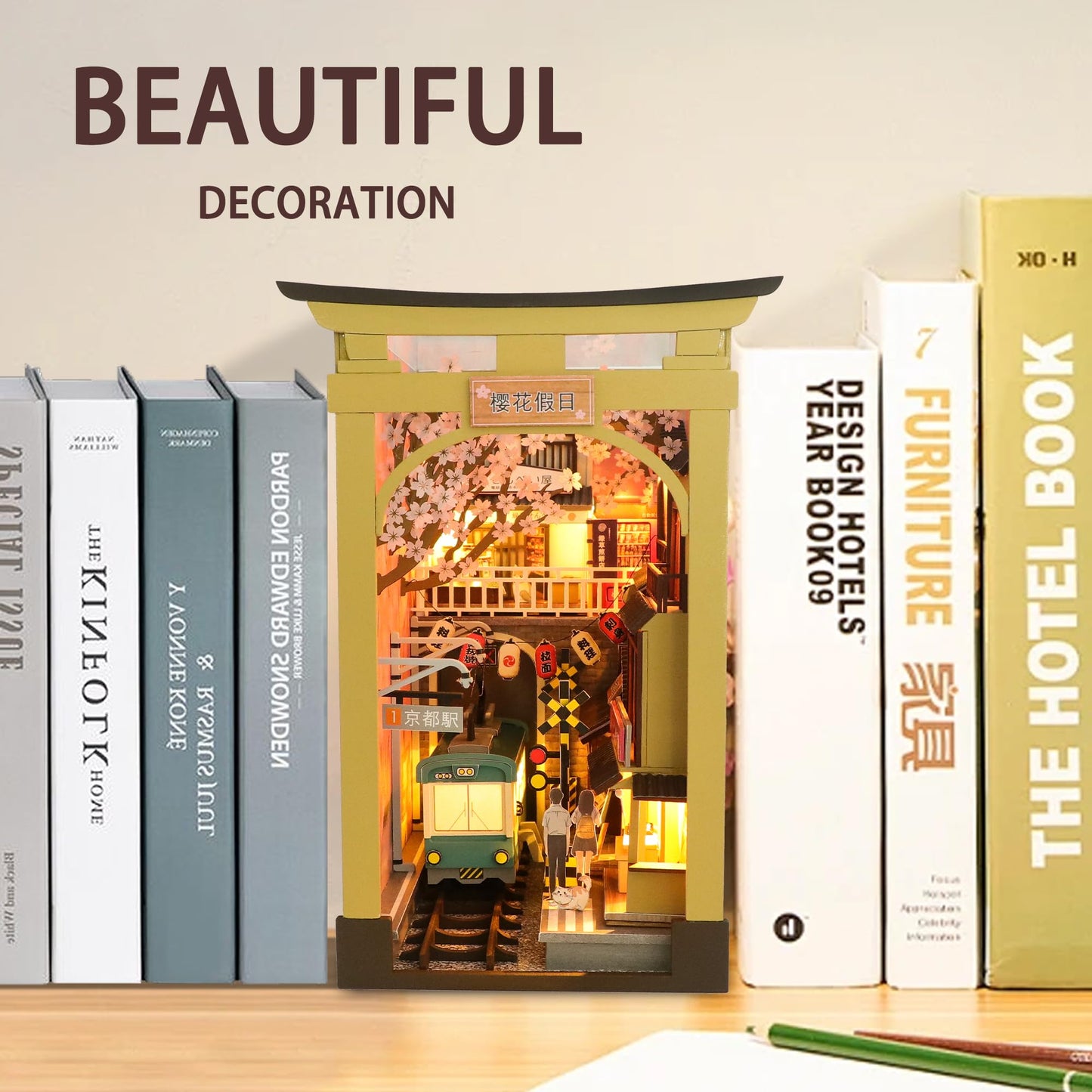 Flever Dollhouse DIY Book Nook Miniature Kit, DIY Booknook Bookshelf Insert Decor, 3D Wooden Puzzle Booknook Miniature Kit for Creative Assembled Bookends (Sakura Holiday)