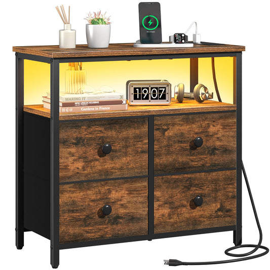 Yoobure Night Stand with Charge Station, Nightstand with 4 Drawers Bedside Table, LED Dresser with Storage Shelf, Night Stands for Bedroom, Side Table 3-Tier Wood End Table for Home Rustic Brown