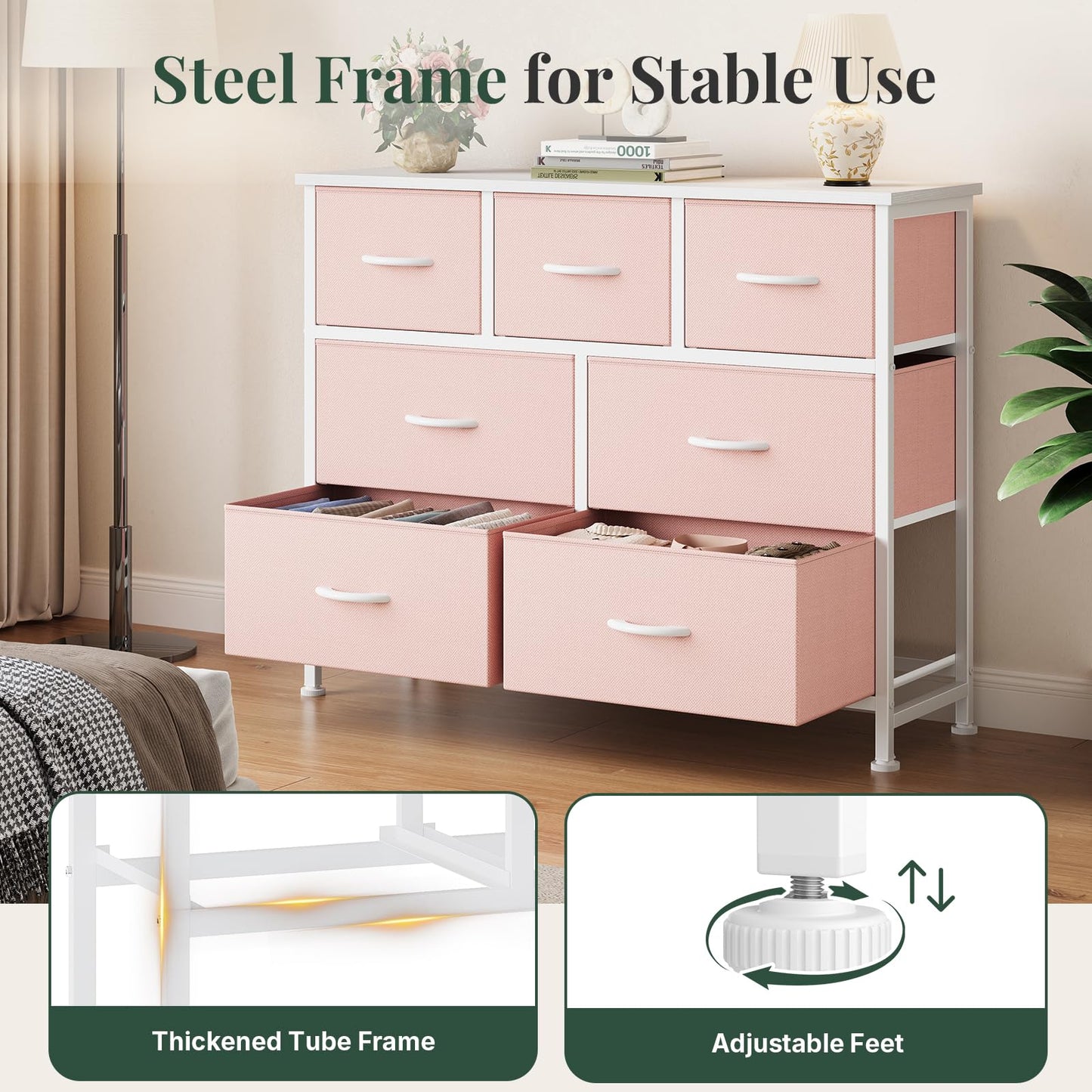 HAPPYMONT Fabric Dresser for Bedroom with 7 Drawers, Chest of Drawers, Wood Top and Metal Frame Organizer for Clothes, Closet, Entryway, Hallway, Living Room Furniture