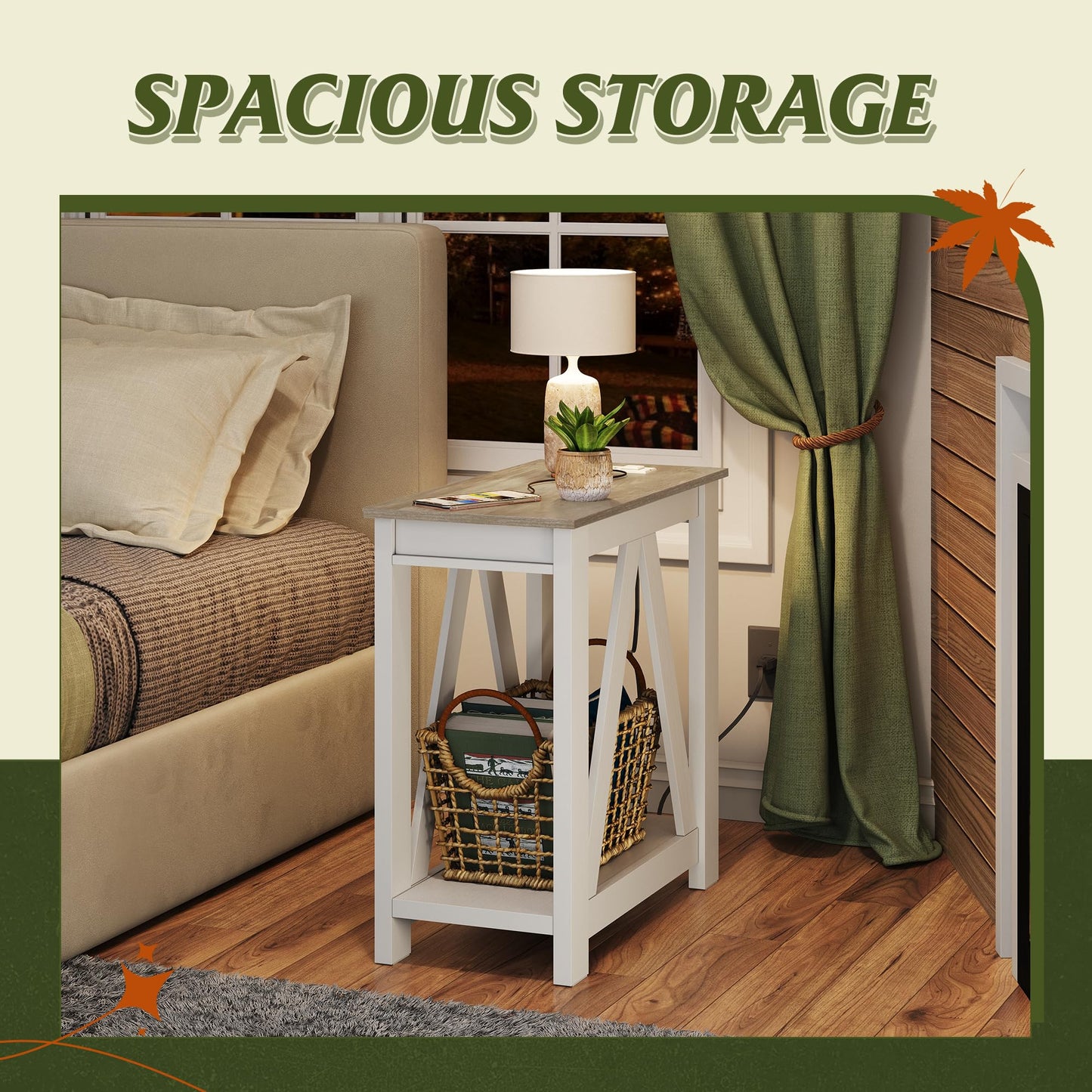 WLIVE Farmhouse End Table, Narrow Side Table with Charging Station, Slim End Table, Side Table for Bedroom, Living Room, Small Spaces, 2 USB and 2 Power Outlets, 11.8" D x 23.6" W x 23.74" H