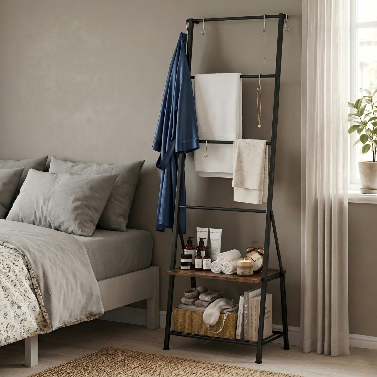 CADUKE Blanket Ladders for the Living Room, 6-Tier Rustic Blanket Rack Decorative Stand, Quilt Display Holder, Freestanding Towel Rack with Metal Frame, Wooden Shelf & 8 Hooks for Bedroom Bathroom