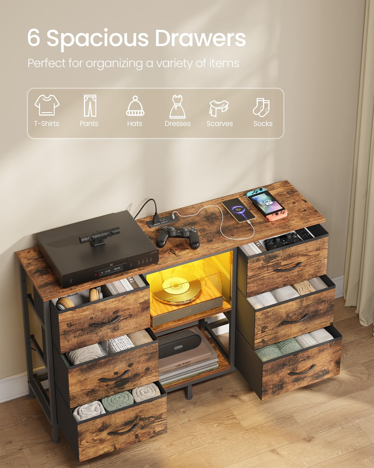 SONGMICS BELLAH Collection - TV Stand for TVs Up to 55 Inches, Dresser for Bedroom, Living Room, Chest of Drawers, Steel, 6 Drawers and 2 Shelves, Industrial, Rustic Brown ULGS032K101S