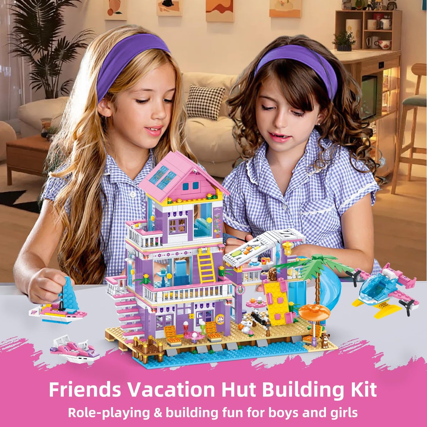 WINGIFT 955 Piece Beach House Building Set,Seaside Beach Villa Building Toys Friends Vacation Hut Blocks Set,STEM BuildingToys with Helicopter,Yacht,Sailboat,Christmas Birthday Gift for Girl Age 6-12+