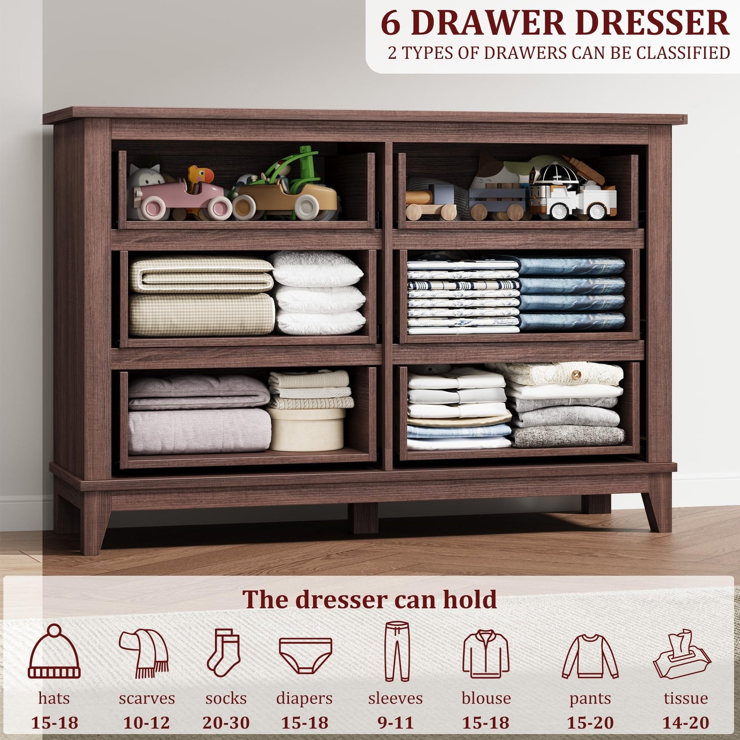 GarveeHome 6 Dresser for Bedroom, 47 in Wide Drawer Dresser with Storage Freestanding, Wooden Closet Storage Chest for Living Room, Bedroom, Entryway, Walunt