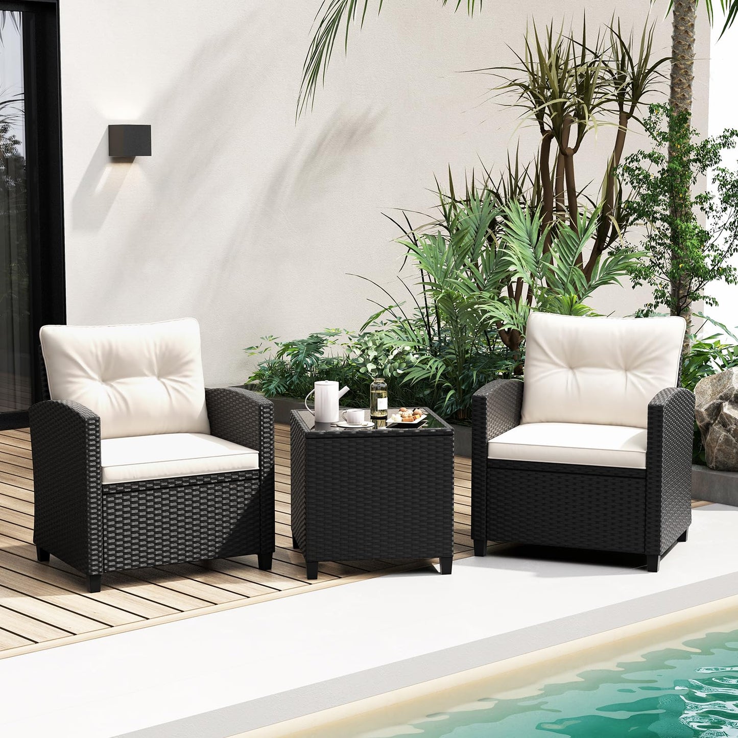 Tangkula 3 Piece Patio Furniture Set, Rattan Conversation Set w/Soft Seat & Back Cushions, Tempered Glass Topped Coffee Table, Cushioned Wicker Seating Set for Backyard, Porch, Poolside (Off White)
