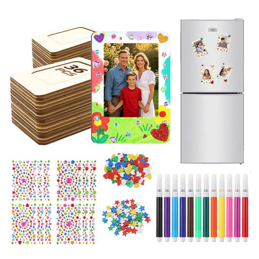 Ukontagood 36 Pack Magnetic Wooden Picture Frames for Crafts, Mini Unfinished Wooden Photo Frames with Pencils & Stickers, DIY Crafts Magnetic Frames for Refrigerator Decor