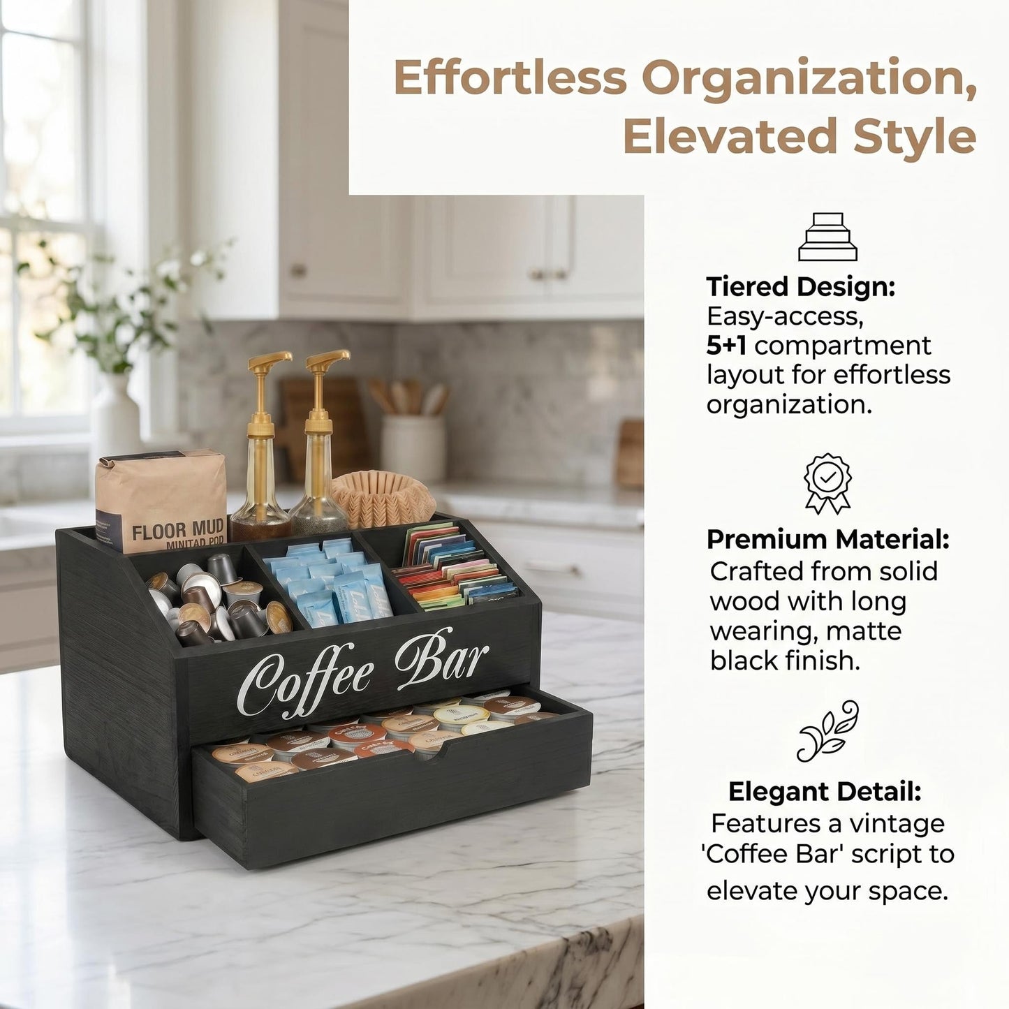 SHAXIXI Coffee Station Organizer - Double Layer with Drawers, Country Style Coffee Bar Organizer, Farmhouse Coffee Capsule Storage Basket, Natural Solid Wood Material(Black Double Layer)