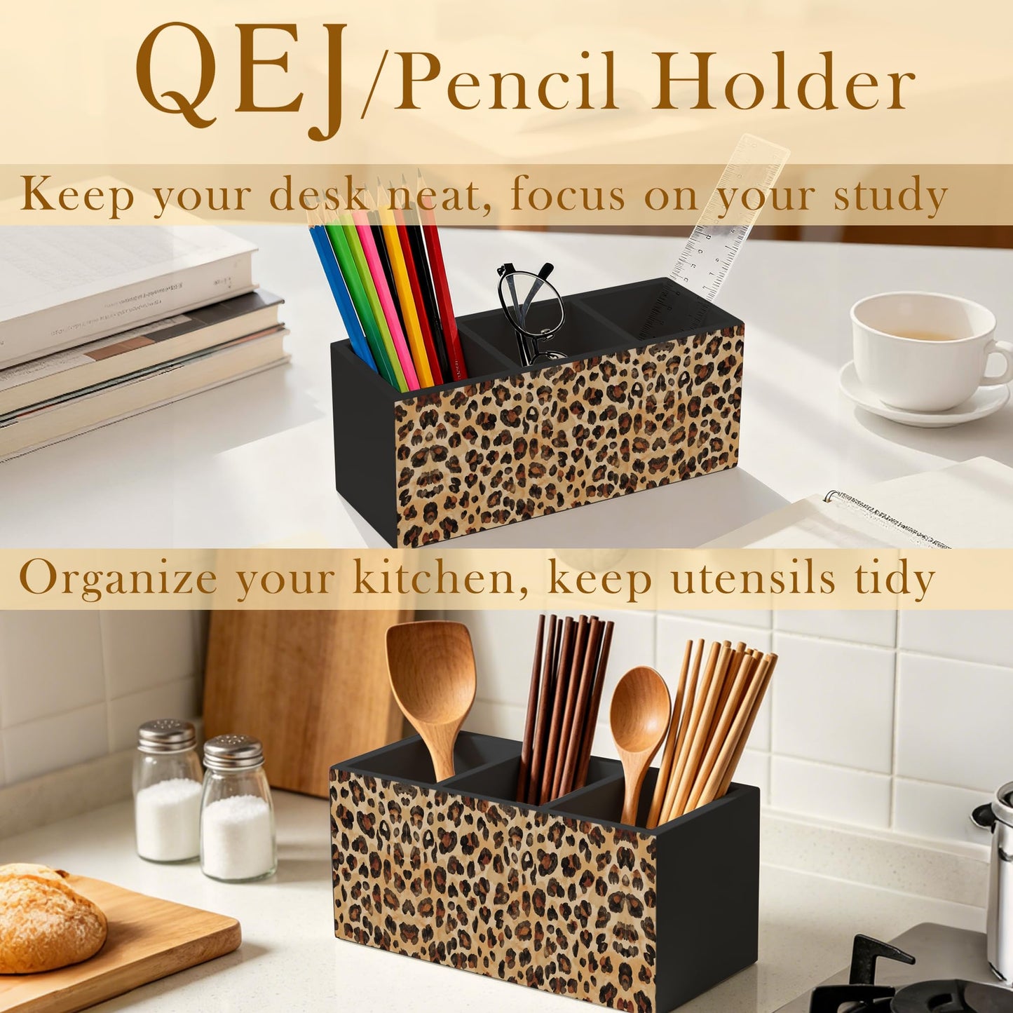 QEJ Leopard Print Pen Holder for Desk, Cheetah Print Room Decor, Cheetah Animal Wooden Box Pencil Pen Organizer for Home Office Desk Tabletop