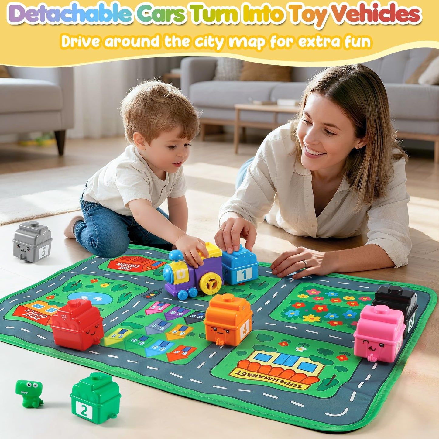 URMYWO Learning Toys for 1 2 3 Years Old Boy Girl, Toddler Montessori Toys, Train Set with 10 Finger Puppets & Play Mat, Counting Matching & Sorting, Toddler Birthday Gift