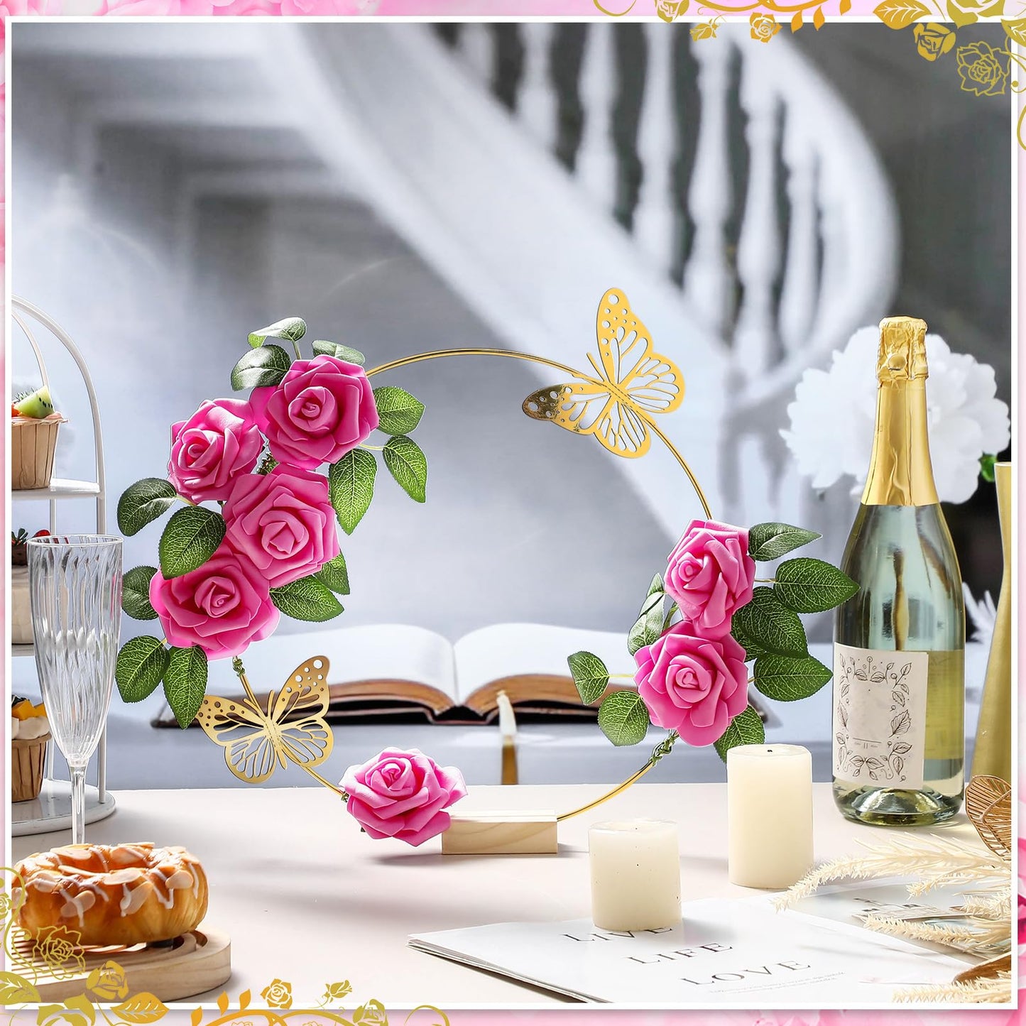 Suncalla 6 Pack Floral Hoop Centerpieces Table Decorations Kit Include 6 Metal Wreath Ring with 6 Wood Base 50 Rose Flower 12 Faux Butterfly for DIY Home Wedding Table Decor (Gold Hoop, Fuchsia Rose)