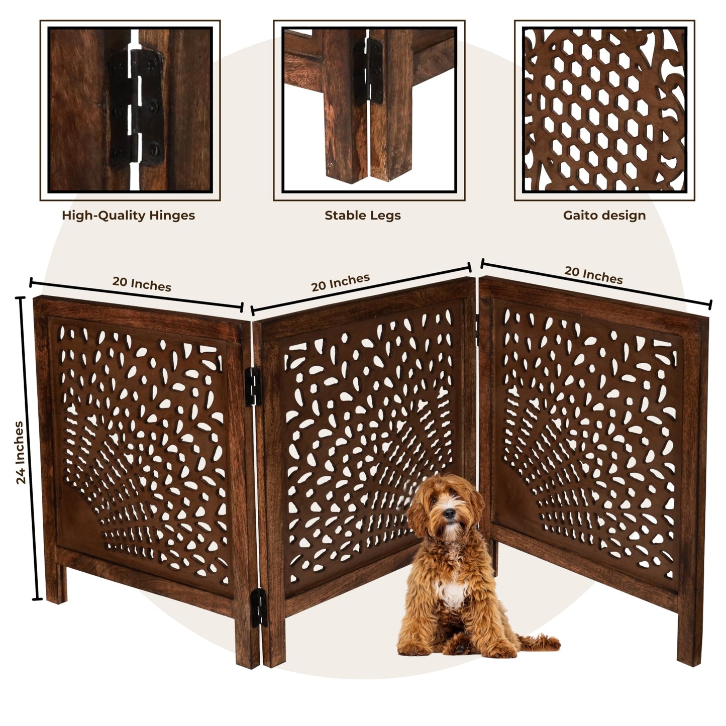 Dog Gate, Wooden, Free Standing, Pet, for the House, Decorative, Gates, Doorways, Foldable, 3 Panels, Fence, Extra Wide, 24" Heightx3Panels, Natural