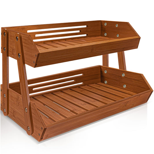 [Upgraded Length] 16.5-Inch Fruit Stand Storage Holder with 4 Sturdier Legs, 2-Tier Fruit Basket , Bamboo Fruit Bowl Holder for Fruit,Vegetables, Snacks, Home Kitchen Countertop Organizer (Walnut)