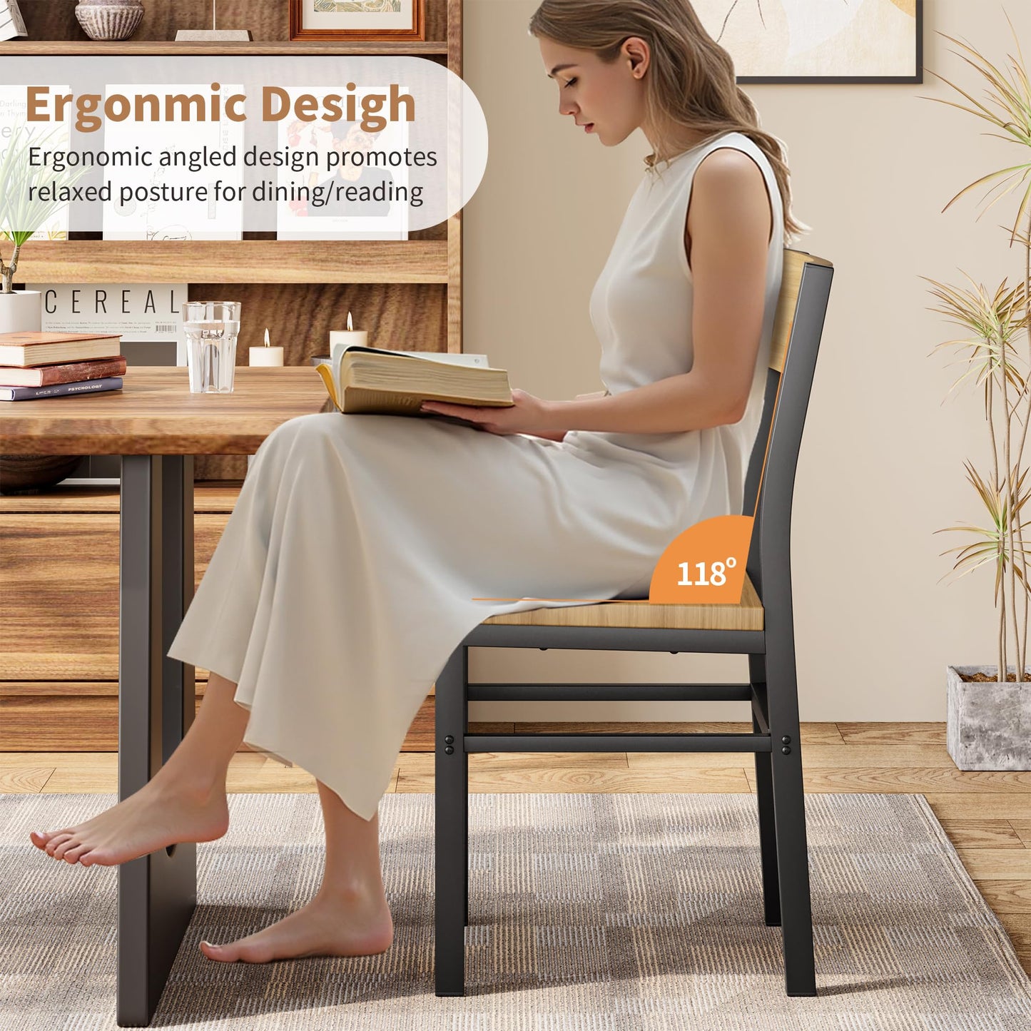 MECHYIN Dining Chairs Set of 4, Rustic Wood Dining Room Chairs with Thickened and Strengthened Metal Steel Frame & Slat Back, Modern Farmhouse Chair for Kitchen, Dining Room (4, Natural Wood)