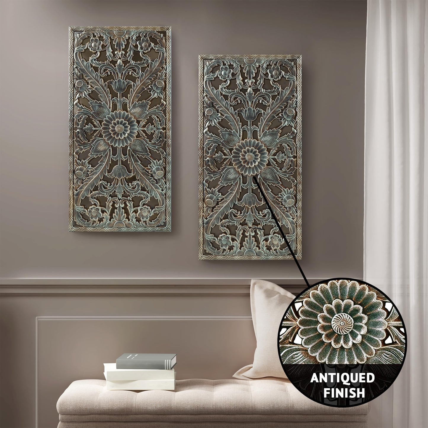Madison Park Carved Wood Wall Art 2 Piece, Floral Wooden Carving Wall Decor, Blue Wall Art Living Room Bedroom, Copper Embellished Boho, Ready to Hang, 15.75"W x 31.5"L, Patina Blue