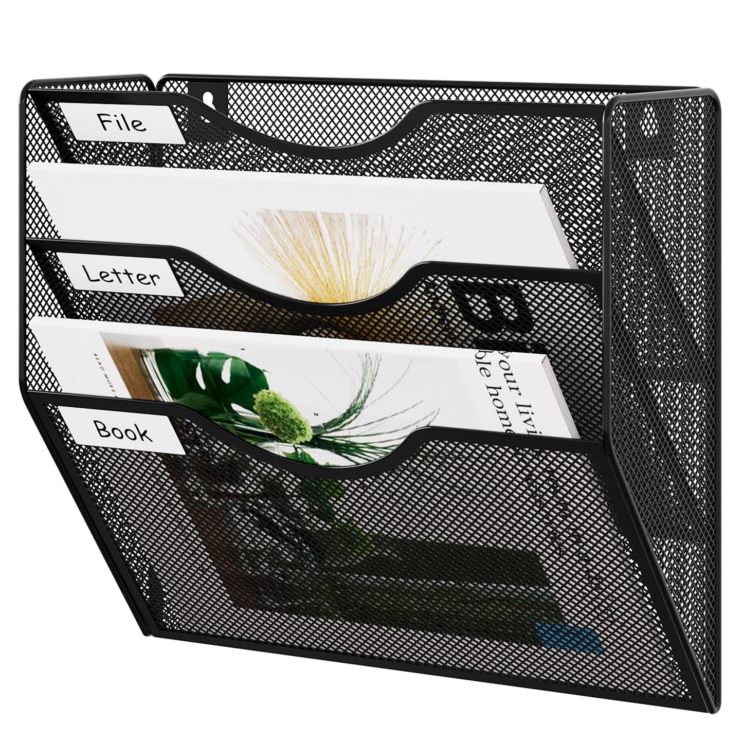 EasyPAG 3 Pocket Mesh Wall File Organizer, Hanging Paper Folder Holder with Classify Label, Vertical Wall Mount Mail Organizer for Office Home Classroom, Black