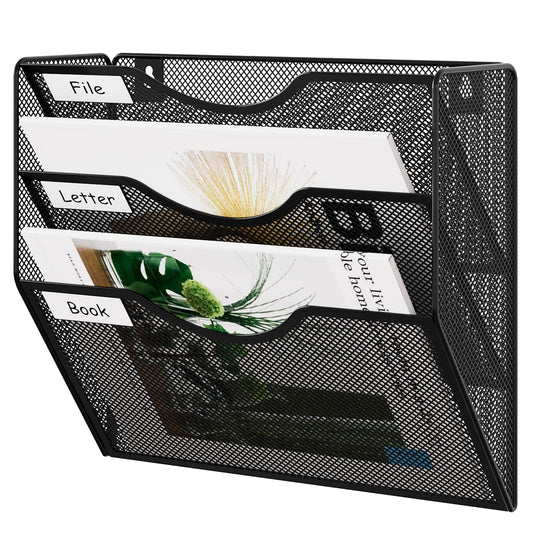 EasyPAG 3 Pocket Mesh Wall File Organizer, Hanging Paper Folder Holder with Classify Label, Vertical Wall Mount Mail Organizer for Office Home Classroom, Black