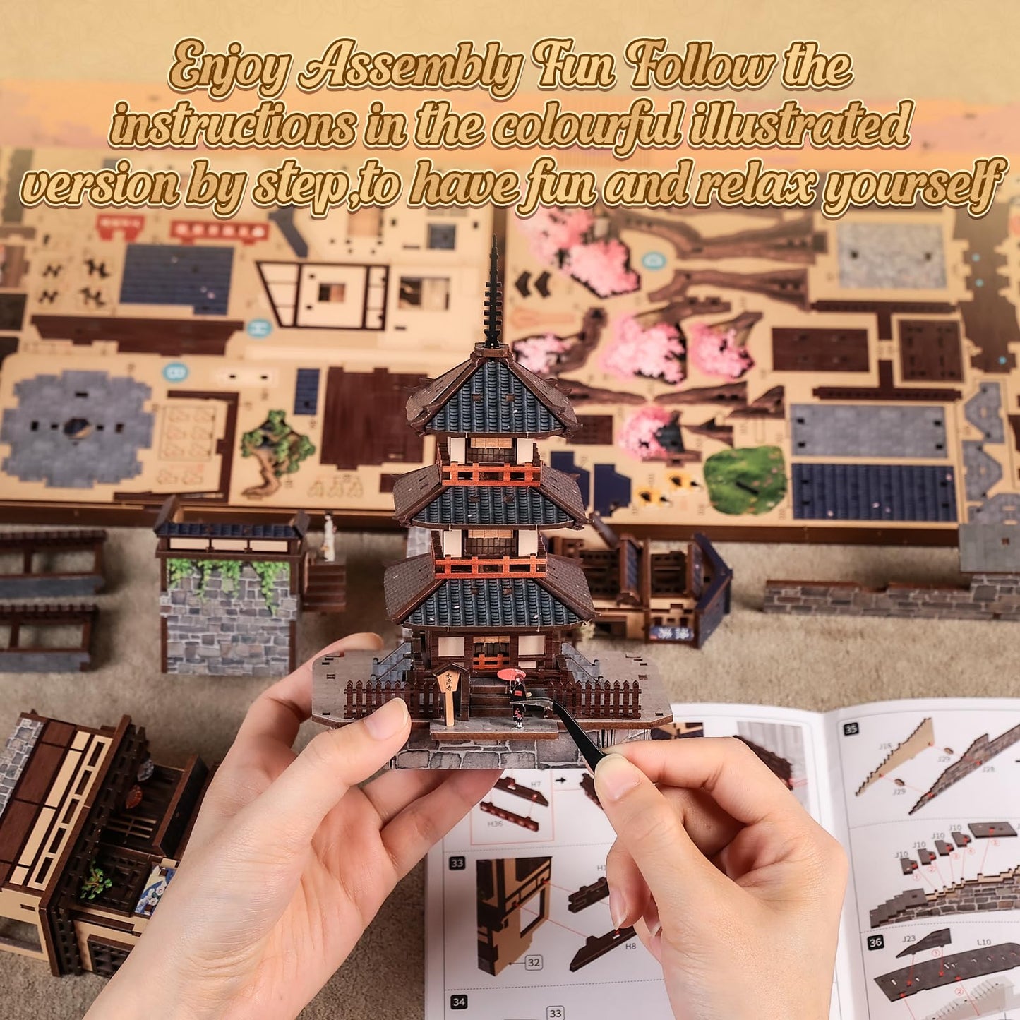 Cutefun Book Nook Kit - DIY Miniature Kyoto House Kit, 3D Wooden Puzzle 400+ Pcs Japanese Bookshelf Decor Bookend with LED, Fold-Out Cherry Blossom Alley Insert for Adults (Twilight Sakura Path)