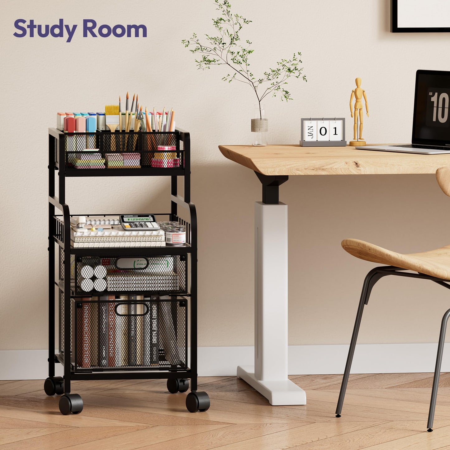 SWTYMIKI Rolling Cart with Drawers - Metal Craft Cart with Wheels, DIY Divider and Wood Shelf, Art Supply Organizer for Under Desk Storage, Utility Storage Cart for Home Office Studio, Black