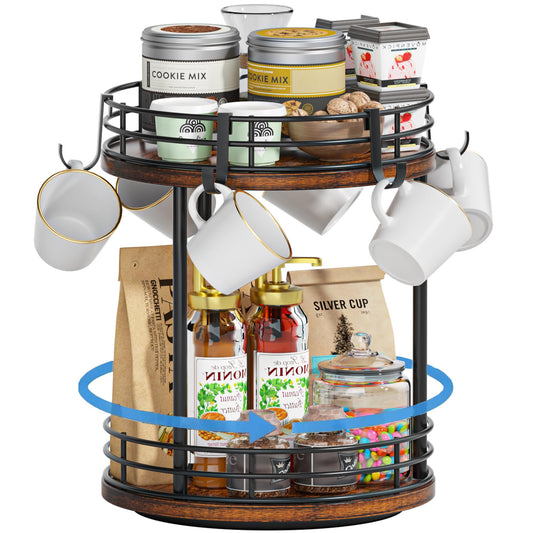 Yelinkws Rotating Coffee Mug Cup Holder Rack Stand, 2 Tier Wooden Coffee Station Bar Organizer for Countertop, Spinning Kitchen Counter Organizer, Mug Shelf with 6 Hooks, Rustic Brown and Black