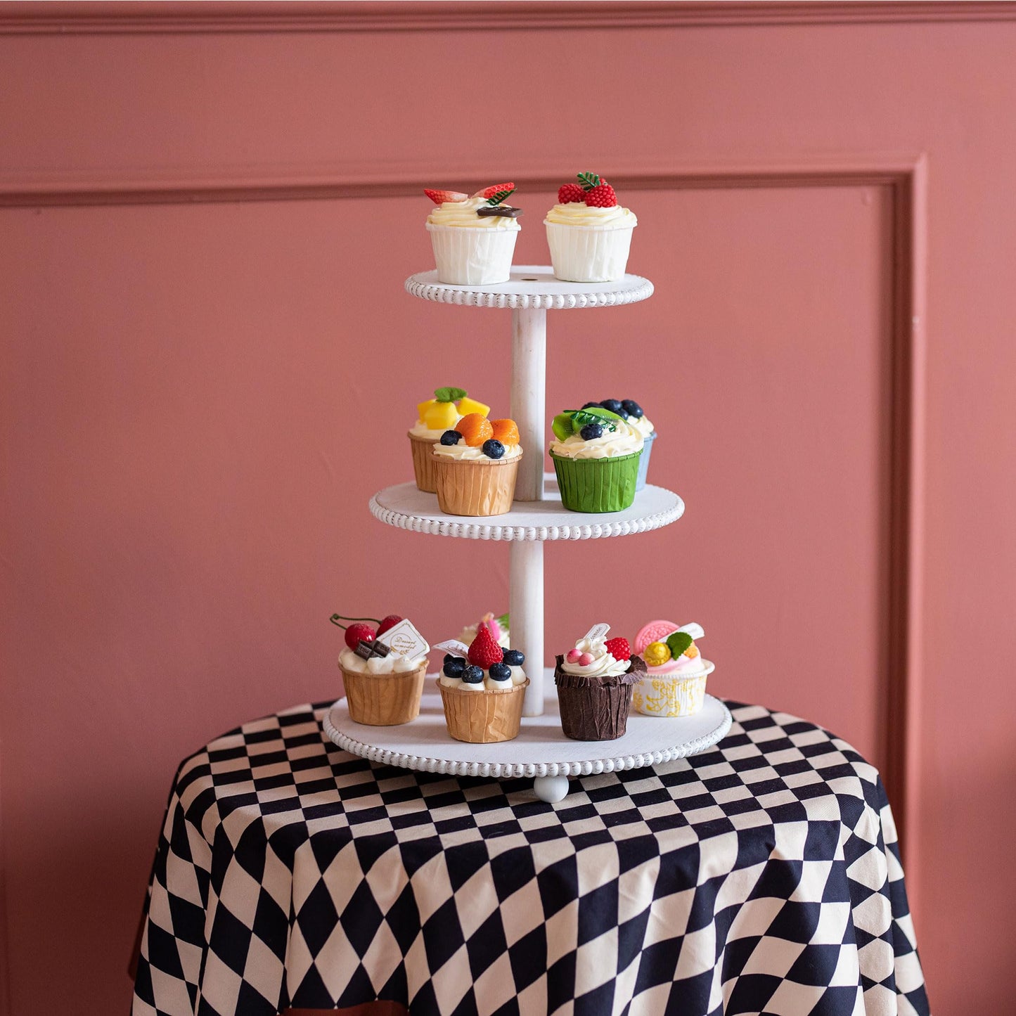 GENMOUS 2PCS 3 Tier and 4 Tier Beaded Cupcake Stand Set for Birthday Party Decor,Rustic Wooden Cupcake Tower Stands for 74 Cupcakes,White Cupcake Tiered Stand Display for Wedding Baby Shower Tea Party