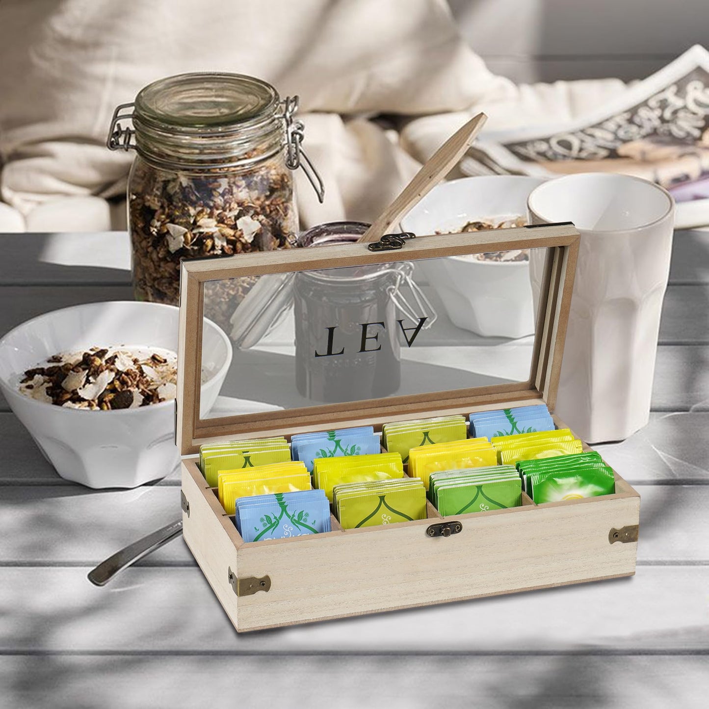 handrong Tea Box,Wood Tea Organizer and Storage,12 Compartments Teas Bag Holder Organizer with Clear Window for Countertop Kitchen Cabinet Pantry (Smoky)