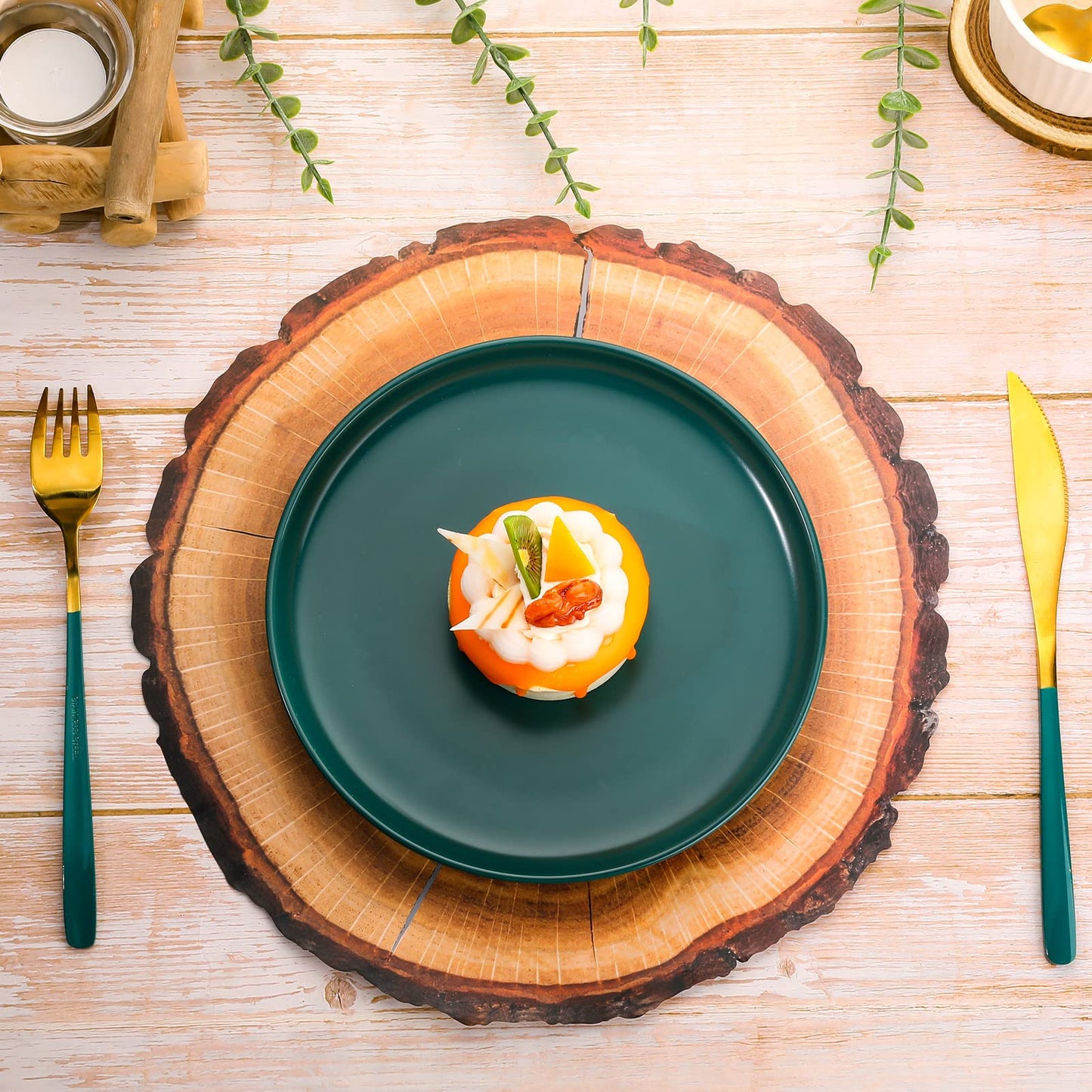 TaoBary 100 Pcs Disposable Wood Slice Woven Paper Placemats Rustic Charger Round Place Mat Bulk Table Paper Placemat for Farmhouse Birthday Wedding Dinner Baby Shower Hawaii Party Supply (Wood Slice)