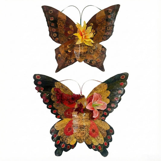 Butterfly Decorations– Handcrafted with Bamboo Shoot Shell & Woven Bamboo, Intangible Cultural Heritage Craft, Butterfly Statue with Small Flower Holder, Set of 2, 17.7″H