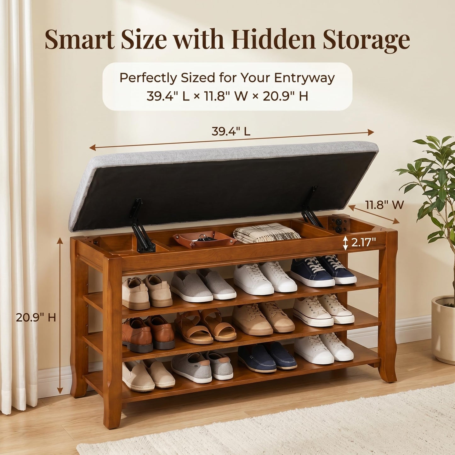 Drogenble SolidWood Entryway Shoe Storage Bench, Flip-Top Soft-Close Lid, Adjustable Shelves, Cushioned Entryway Shoe Rack Organizer,Hallway, Closet, Foyer 39.4''