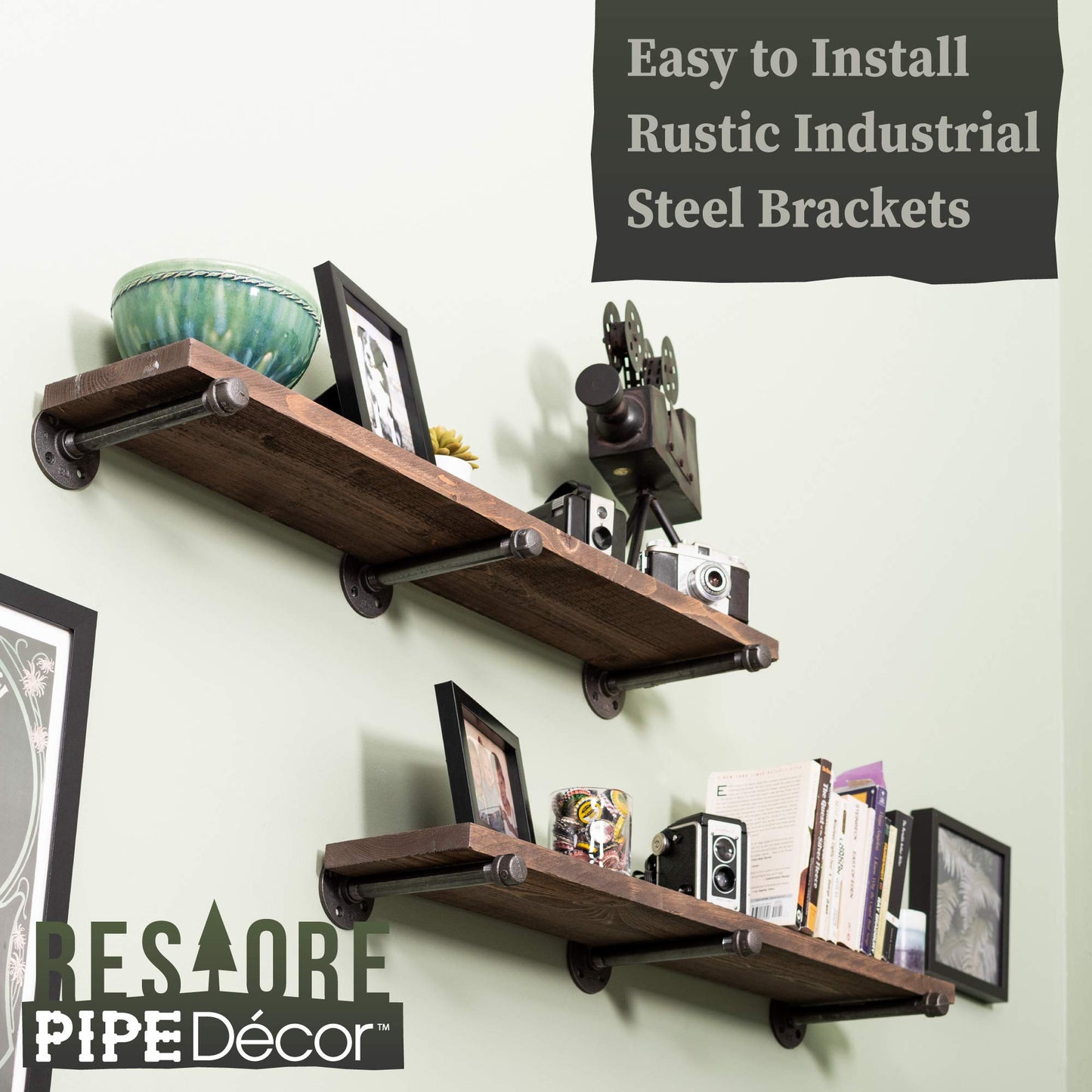 Industrial Pipe Wooden Shelves Restore by Pipe DÉCOR Premium Douglas Fir Wood Shelving 36 Inch Length Set of 2 Boards and 6 Straight Brackets Sunset Brown Finish