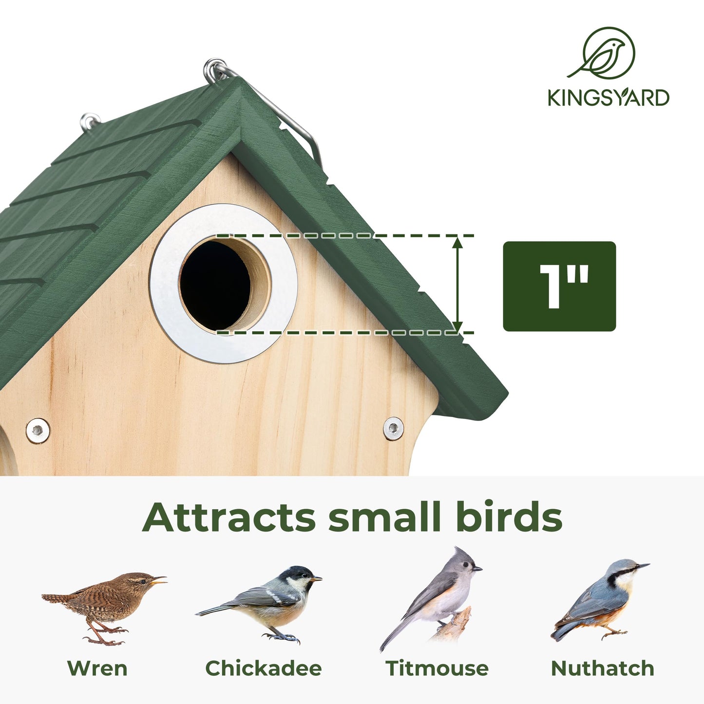 Kingsyard Wooden Bird House with Predator Guard, Wren Bird Nesting for Outdoor, Garden Patio Nest Box for Wild Bird Watching, Green